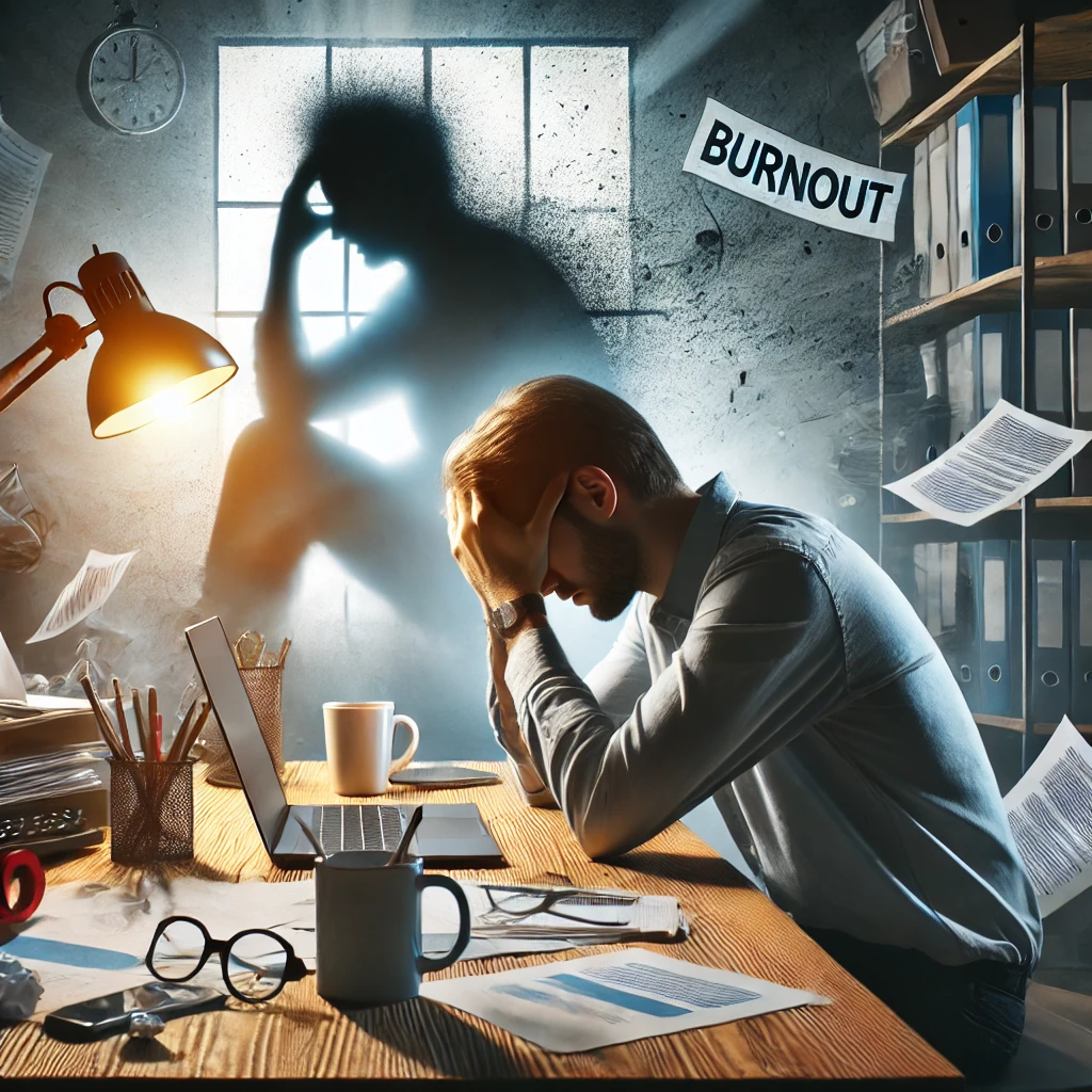 DALL·E 2024-07-02 05.32.20 - A person looking exhausted at a work desk with a computer and coffee cups, surrounded by a chaotic environment with papers and files. The person appea