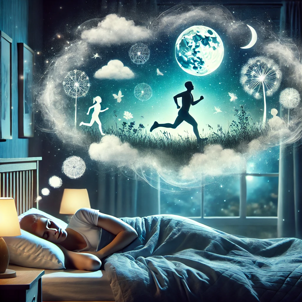 DALL·E 2024-06-22 05.33.26 - A serene night scene featuring a person peacefully sleeping in their bed, surrounded by a dreamy, ethereal aura. Above them, a transparent, cloud-like