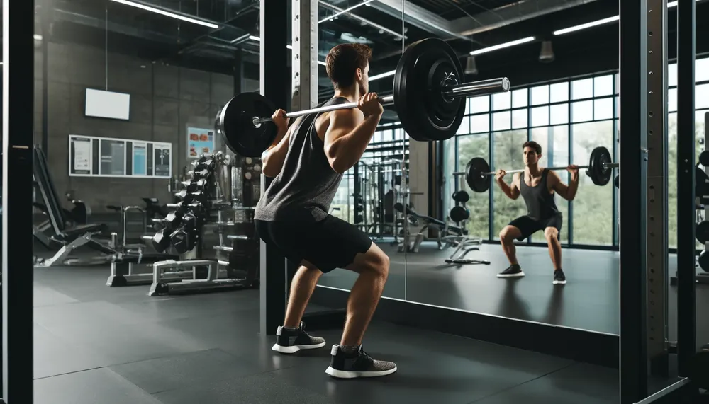 DALL·E 2024-06-12 10.10.34 - A person in a modern gym performing a combination workout. On one side, they are doing a barbell squat with heavy weights for strength training. On th